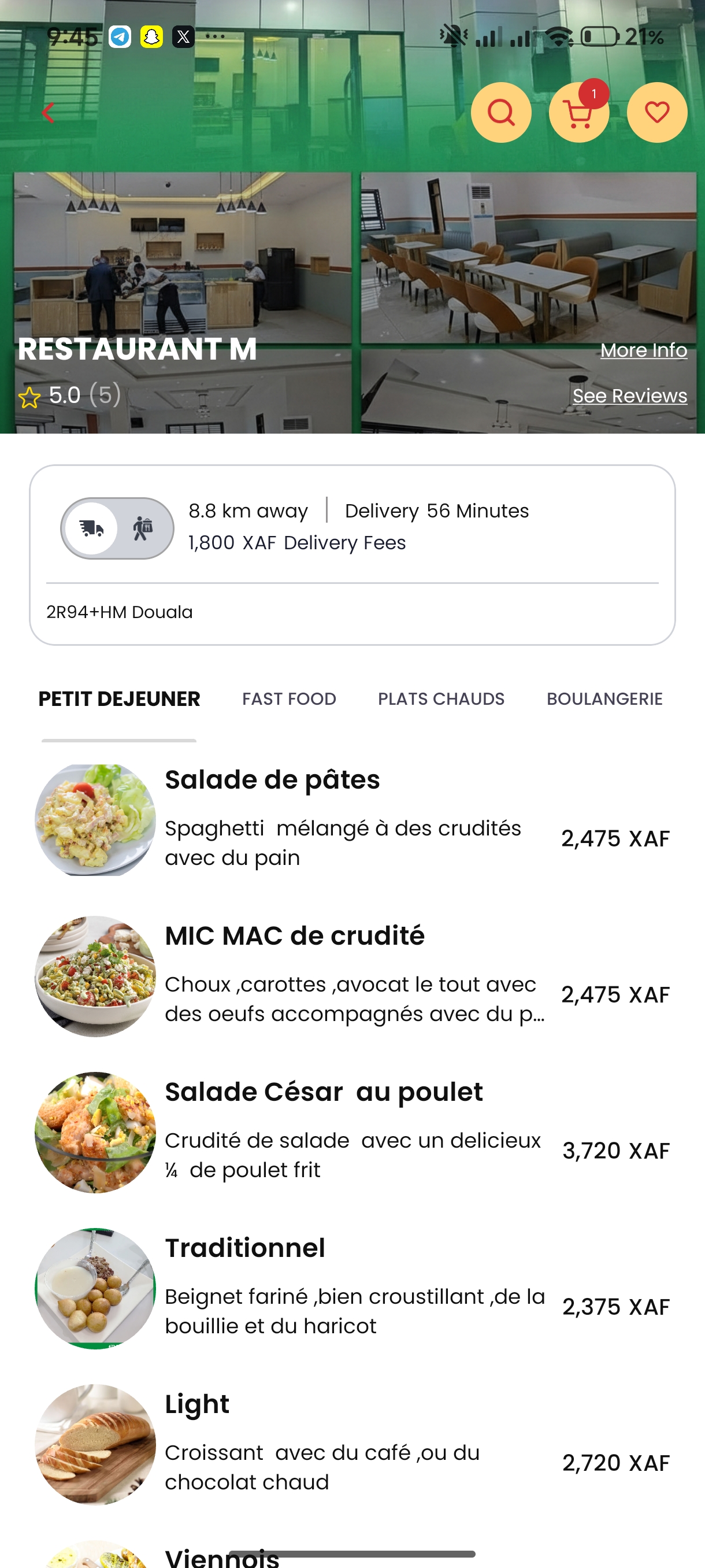 Carte d'un restaurant partenaire dans l'application YaFi